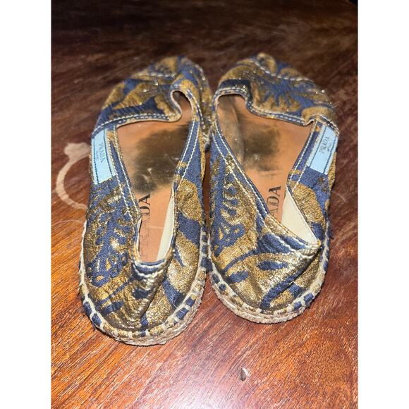 PRADA Casual Preppy Festival Brocade Navy Blue & Gold Fabric Espadrilles 37 / 7 - Picture 9 of 15